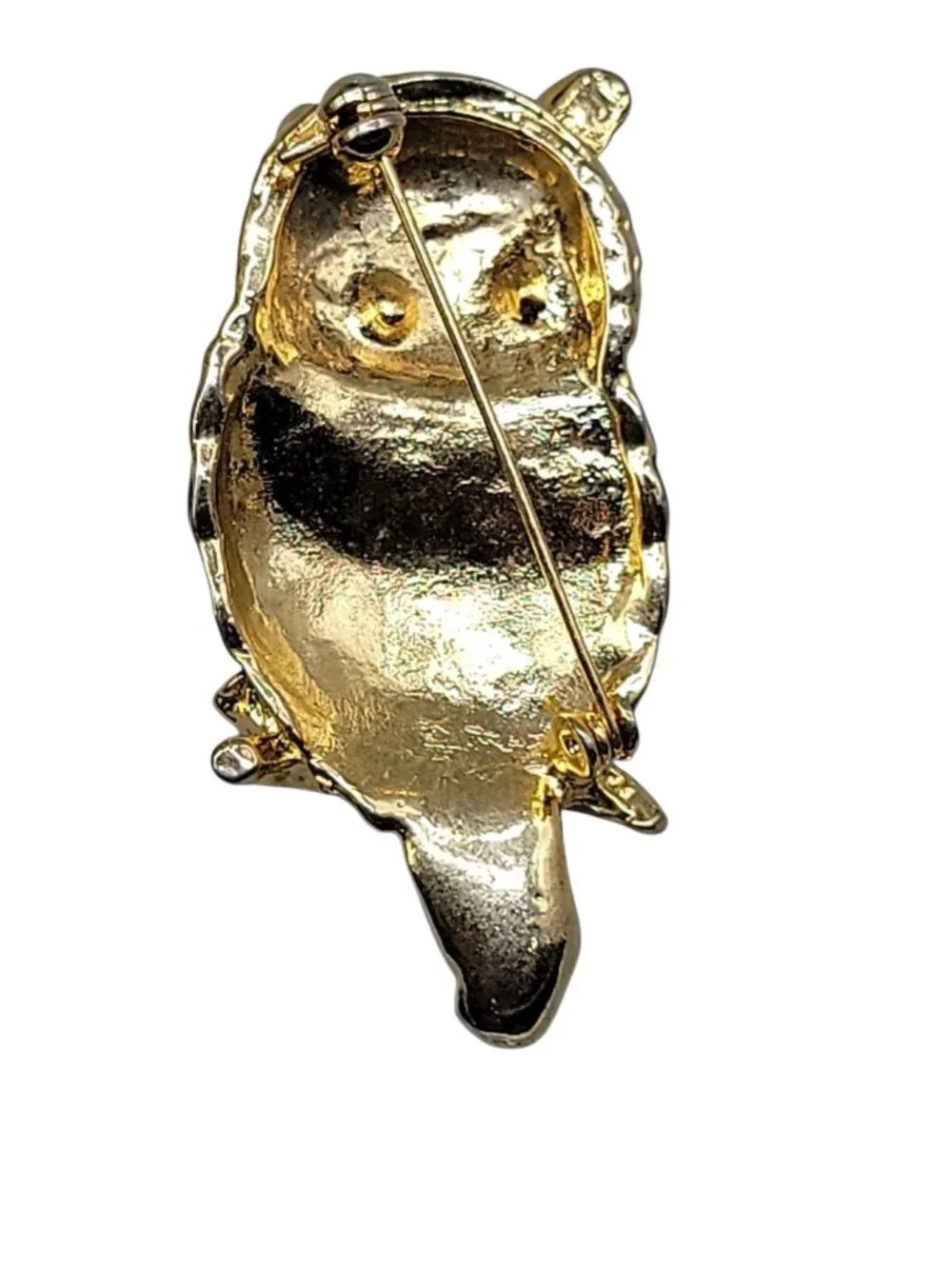 Spinx Rhinestone Enamel Owl Brooch Gold Tone Unsigned Vintage Detailed Pin